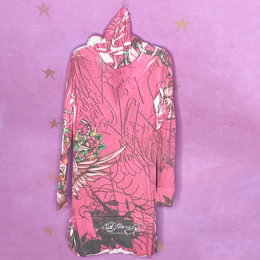 Ed Hardy Y2K Vintage All Over Print Hoodie Dress Top Shirt Skull Tattoo Skull - Picture 2 of 10